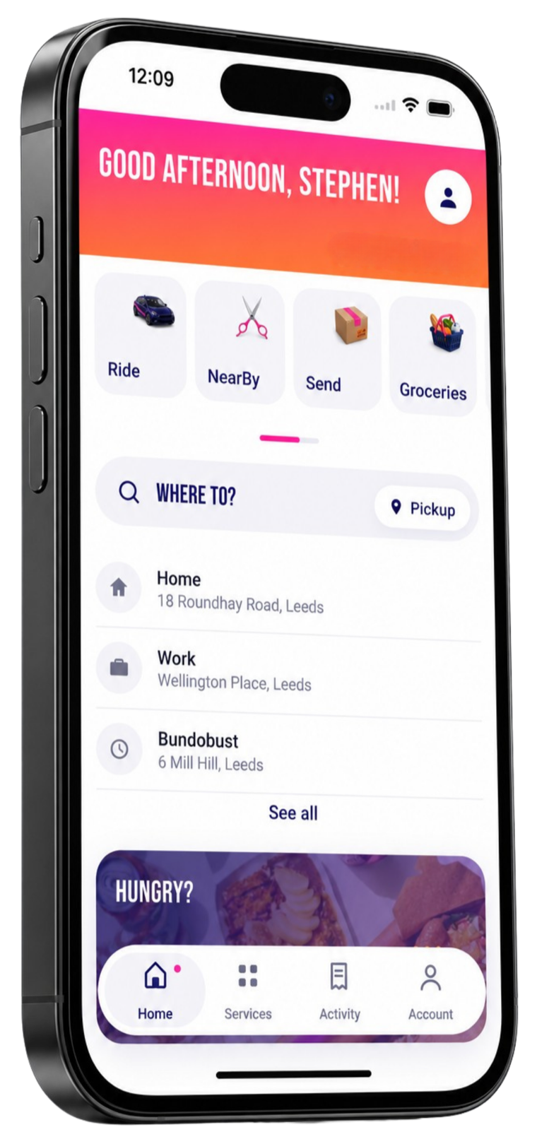 The Frenzi app's Home screen on an iPhone: the service tiles, Where to? and saved places