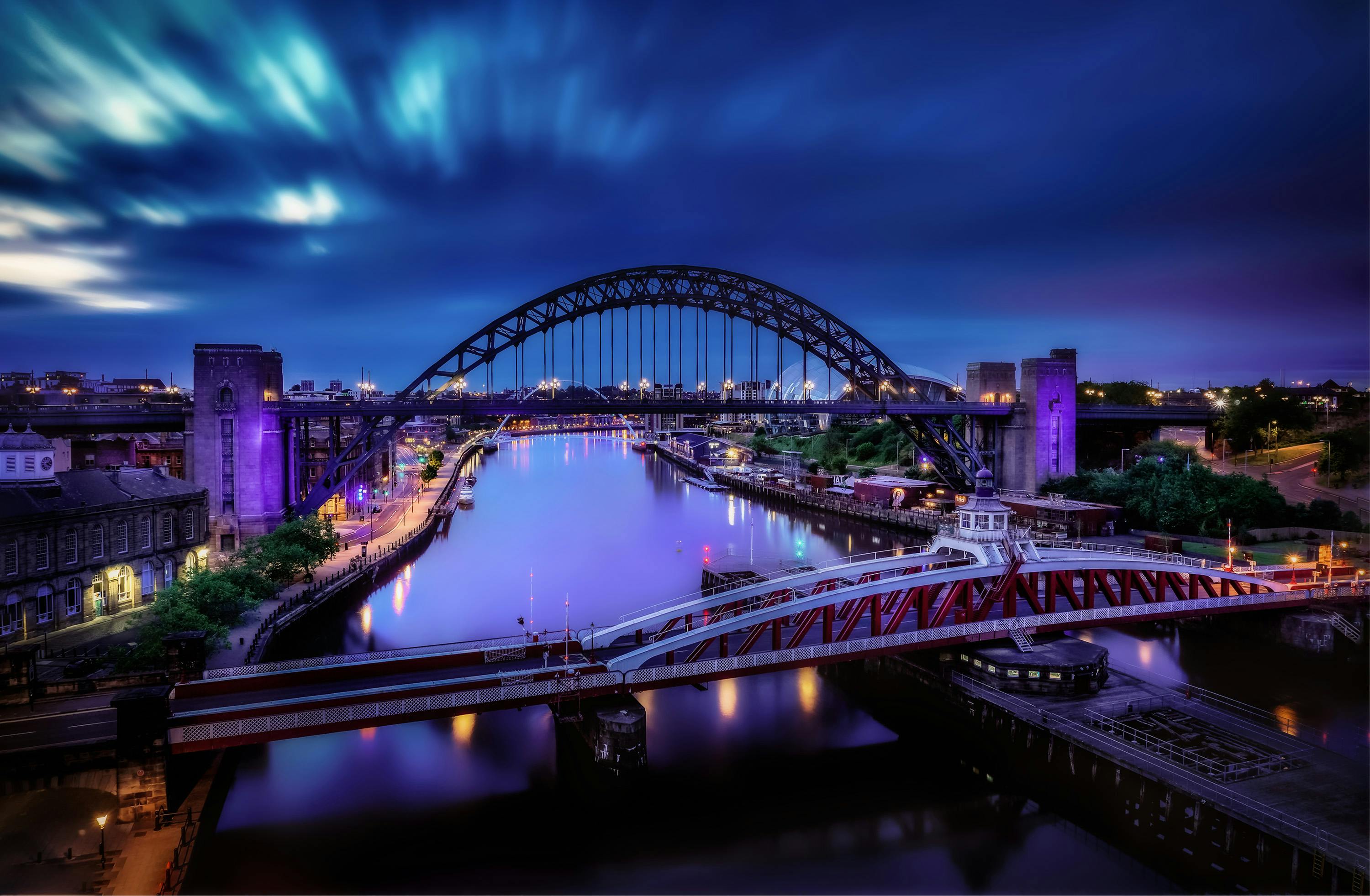 Tyne Bridge and Swing Bridge at blue hour
