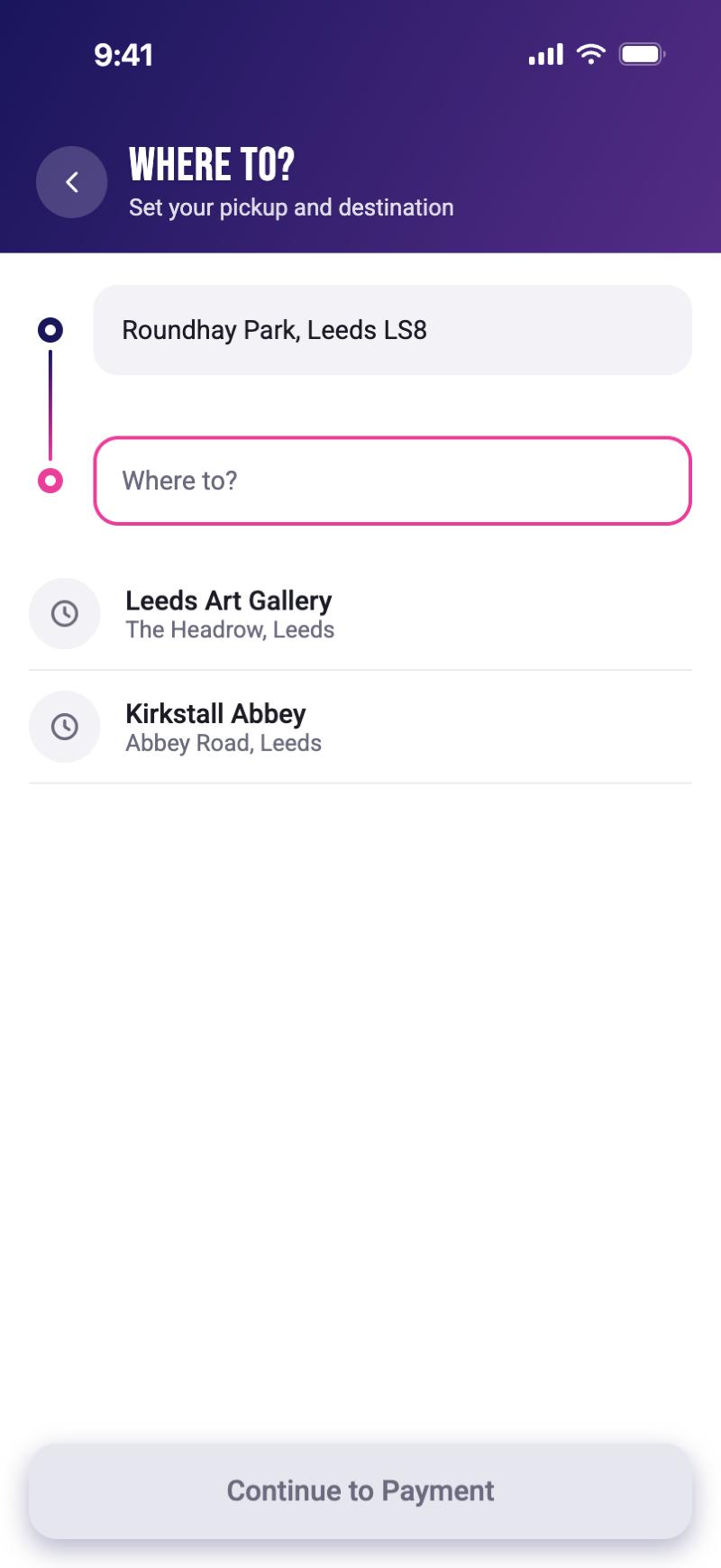 The Where to? screen in the Frenzi app, with a pickup point and recent places